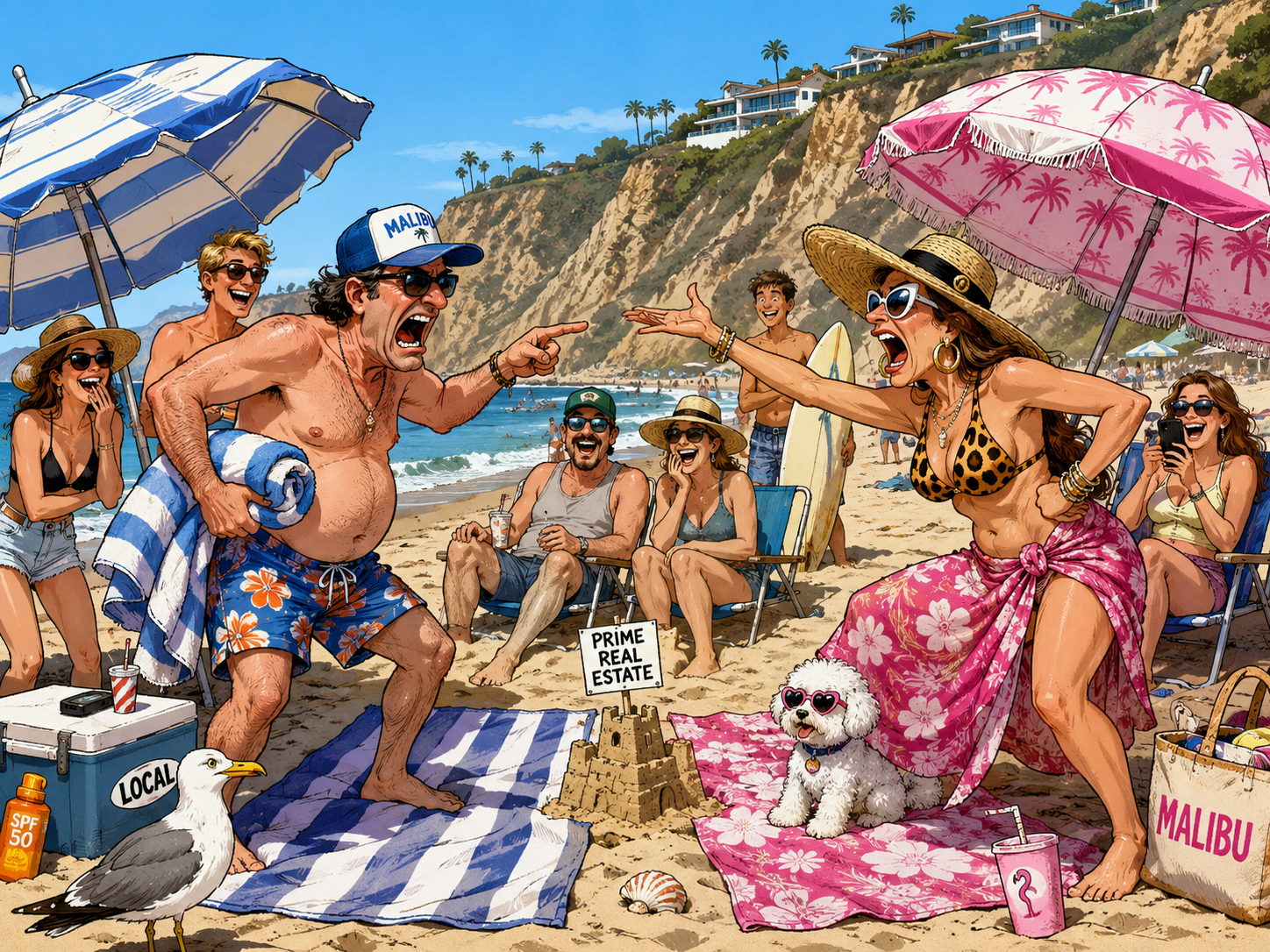 Comedic Malibu beach towel territory war in manga style