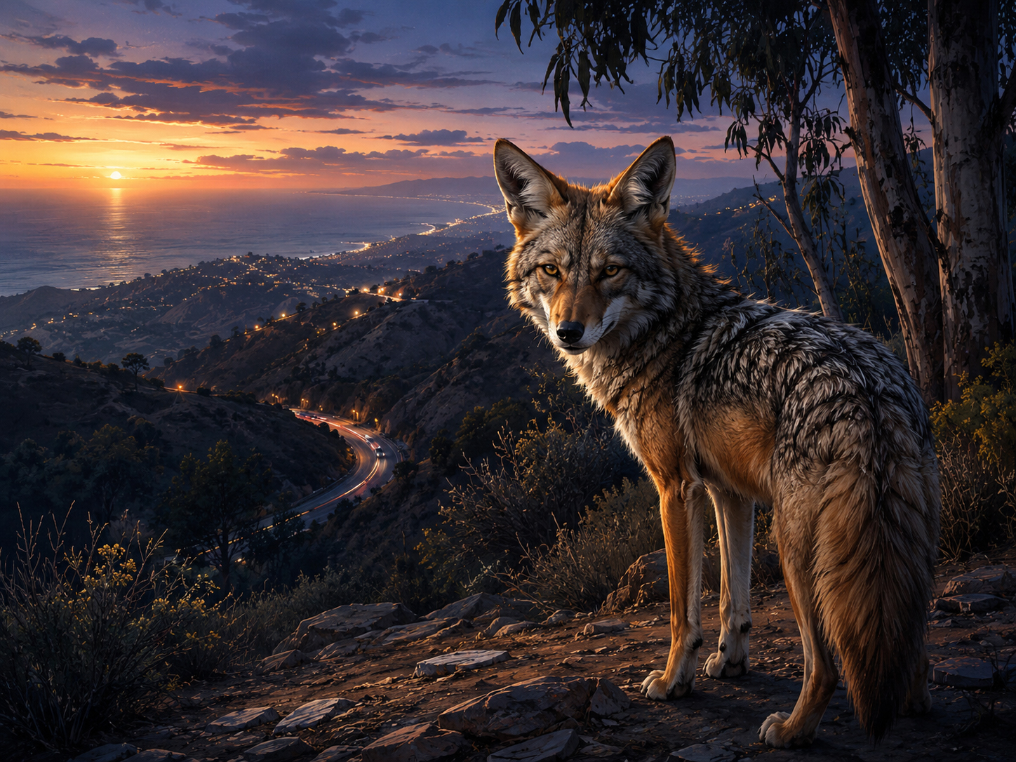 Canyon Coyote watching the canyon road at dusk