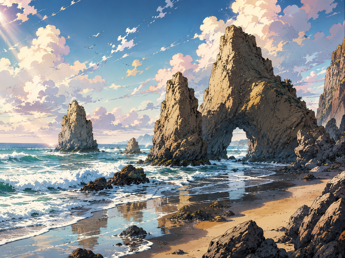 El Matador beach rocks in manga style at sunset