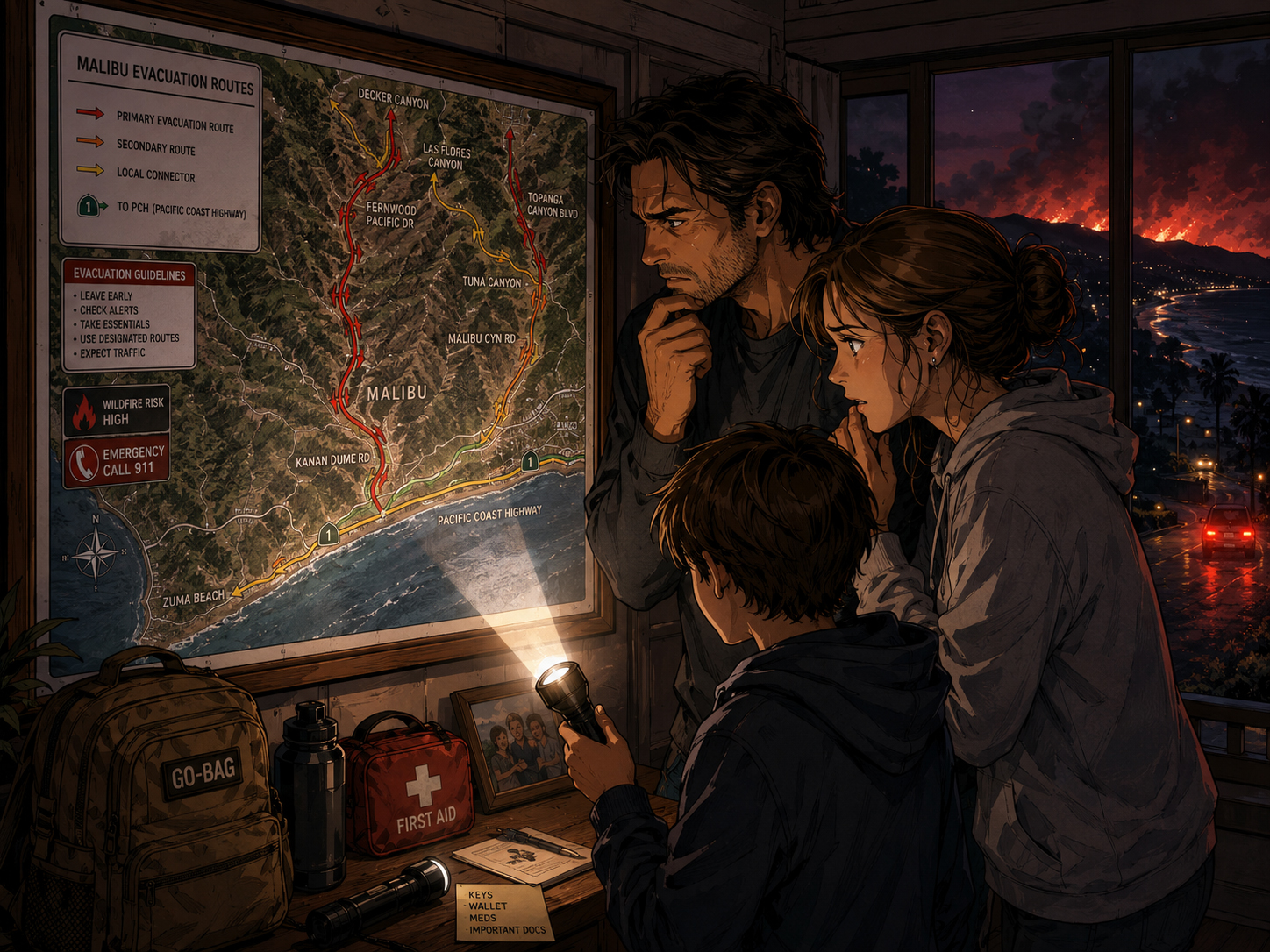Dramatic Malibu evacuation route map at night