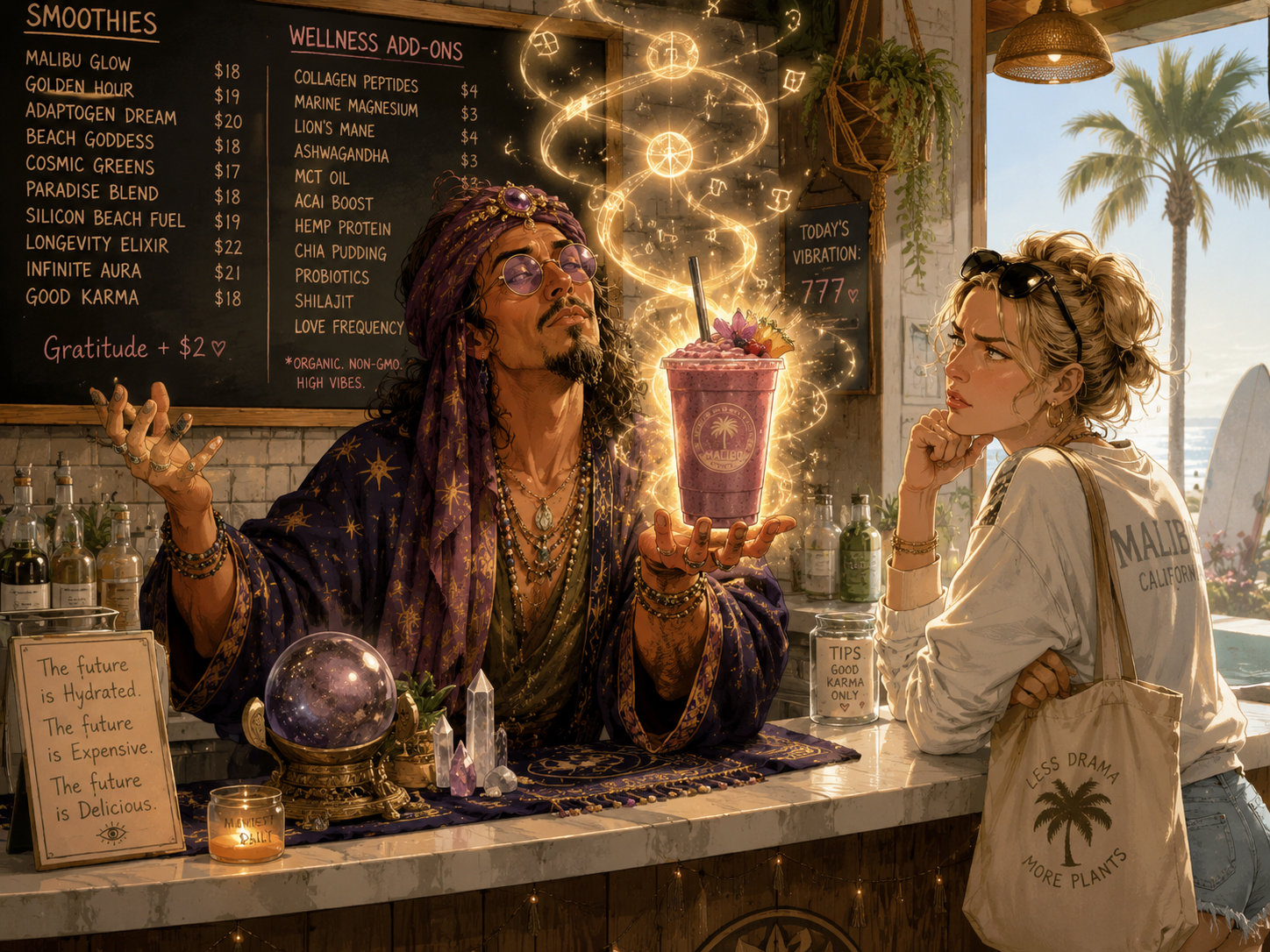Manga-style Malibu smoothie prophecy scene with a dramatic coastal cafe mood