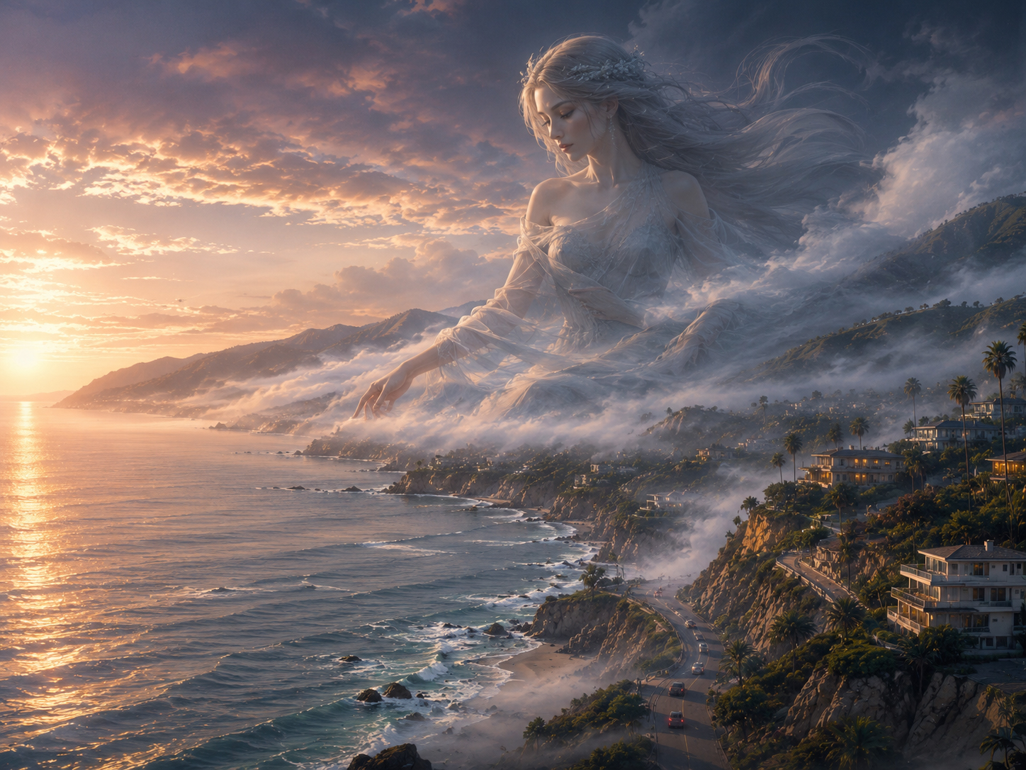 Fog Princess at dusk above a winding Malibu canyon road