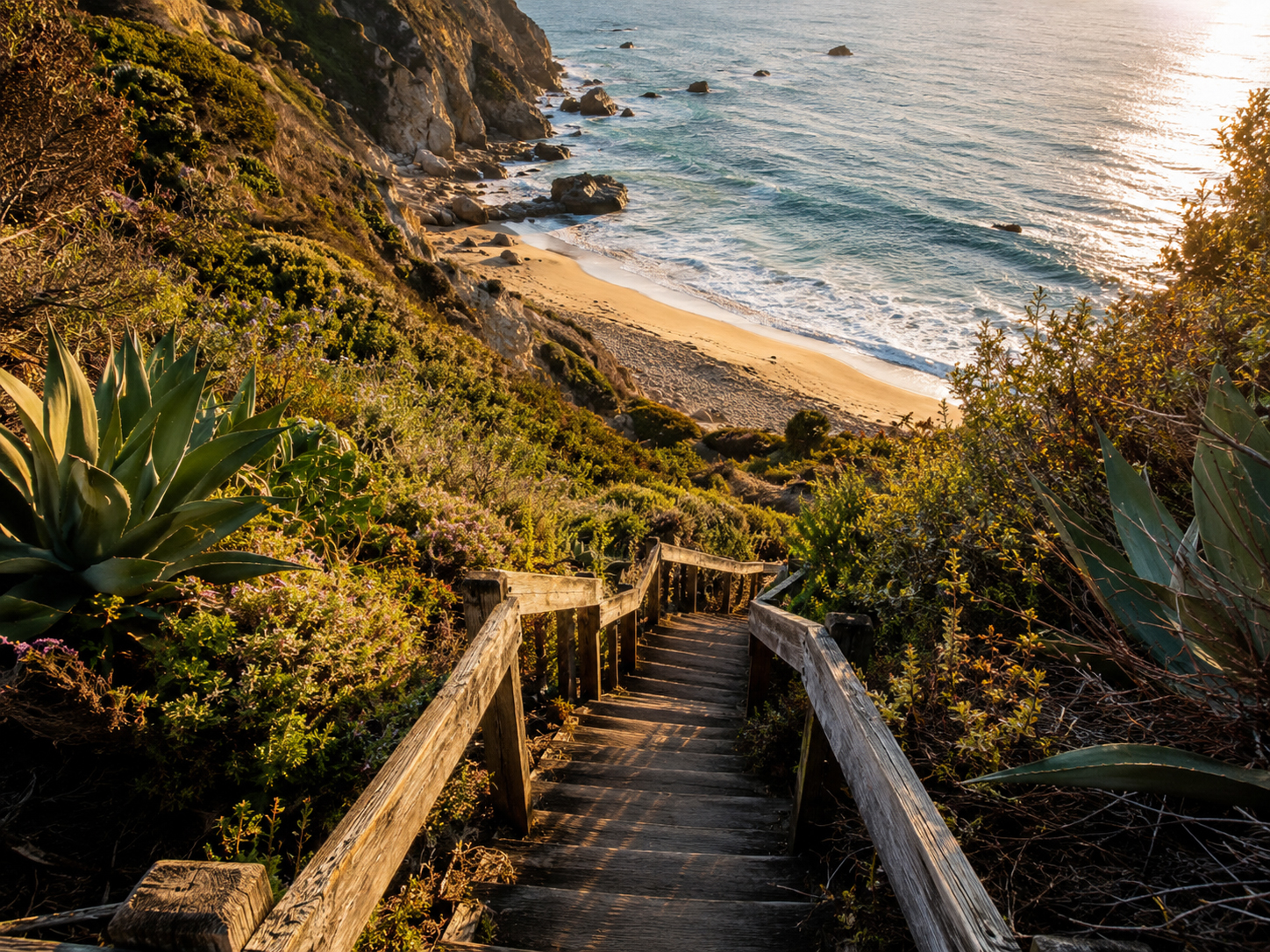 Hidden beach access stairs in Malibu