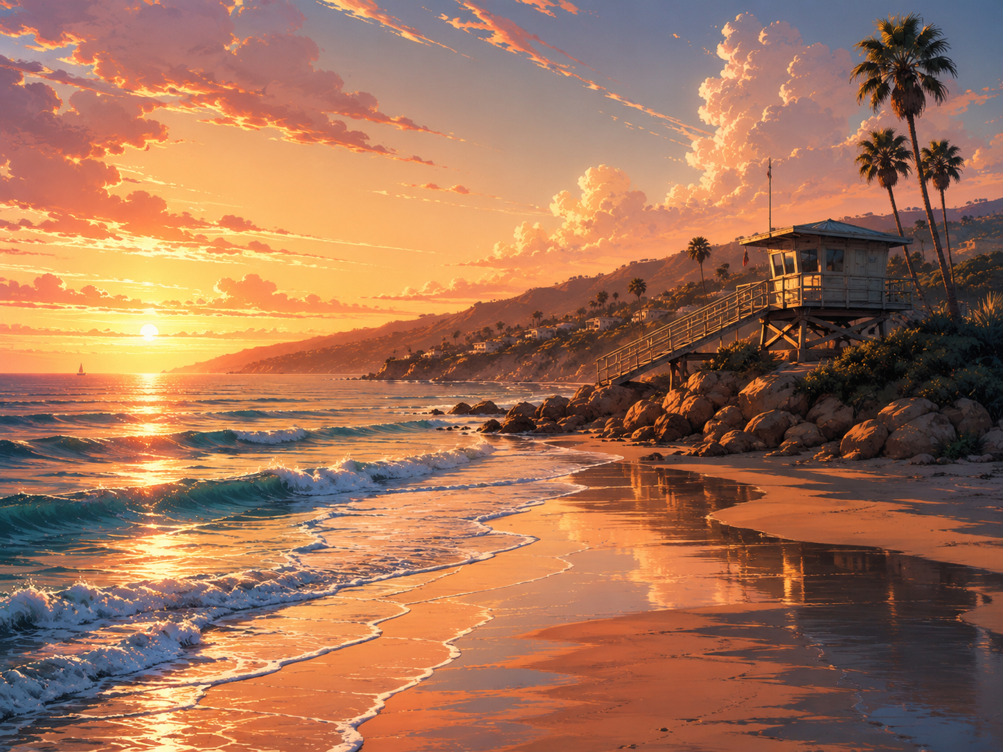Malibu beach sunset in editorial manga style