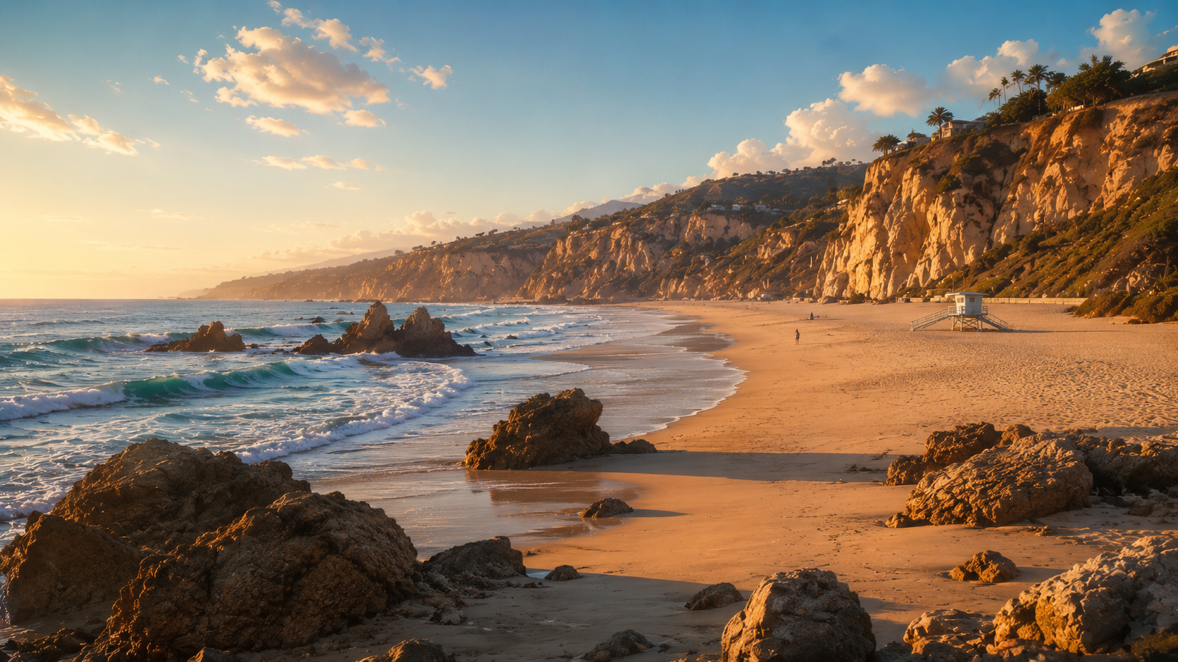 Wide Malibu beach with sand and rocks
