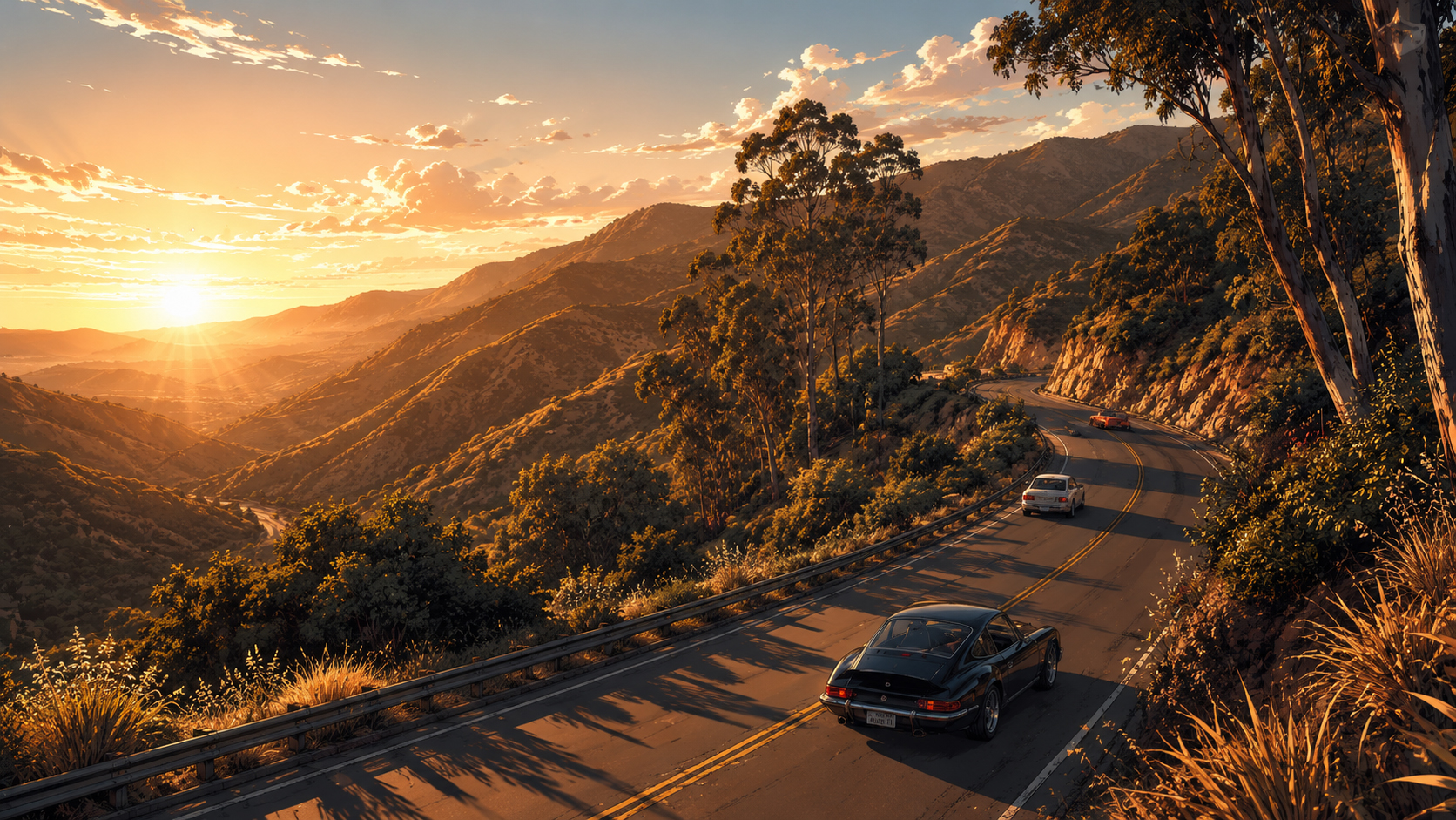 Malibu canyon road at golden hour in manga style