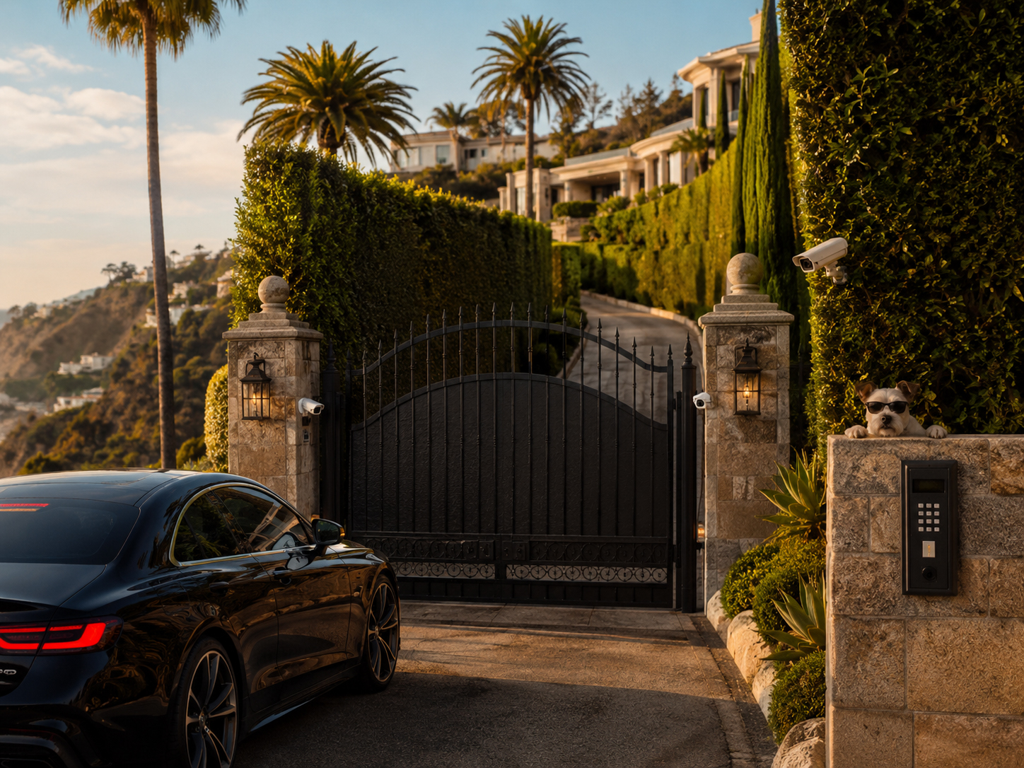 Manga-style gated Malibu driveway at golden hour with palms, ocean light, and privacy drama