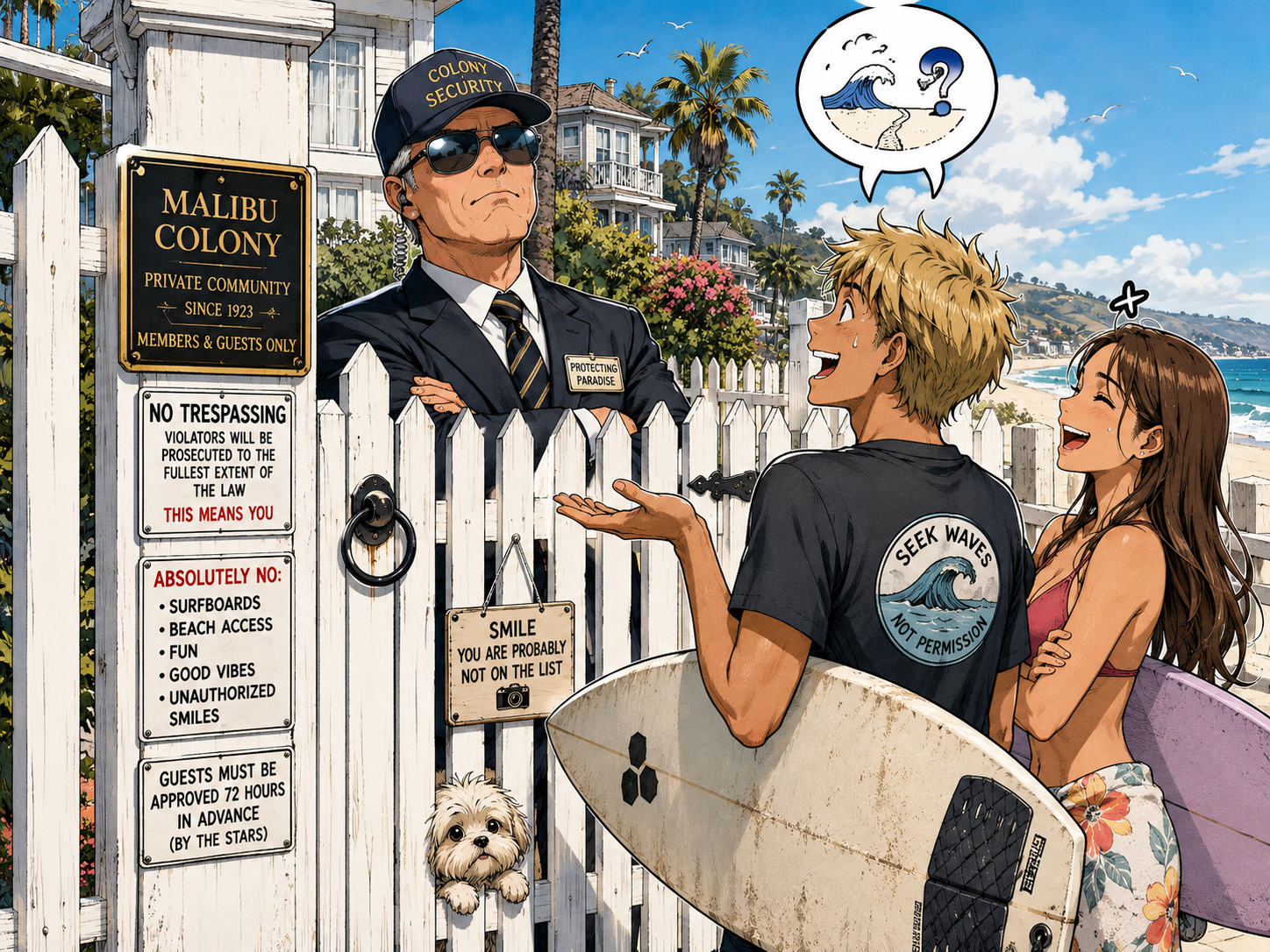 Manga-style Malibu Colony fence comedy scene