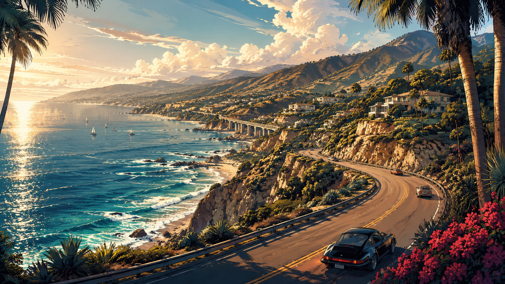 Manga-style Malibu coastline with ocean, canyon, and Pacific Coast Highway