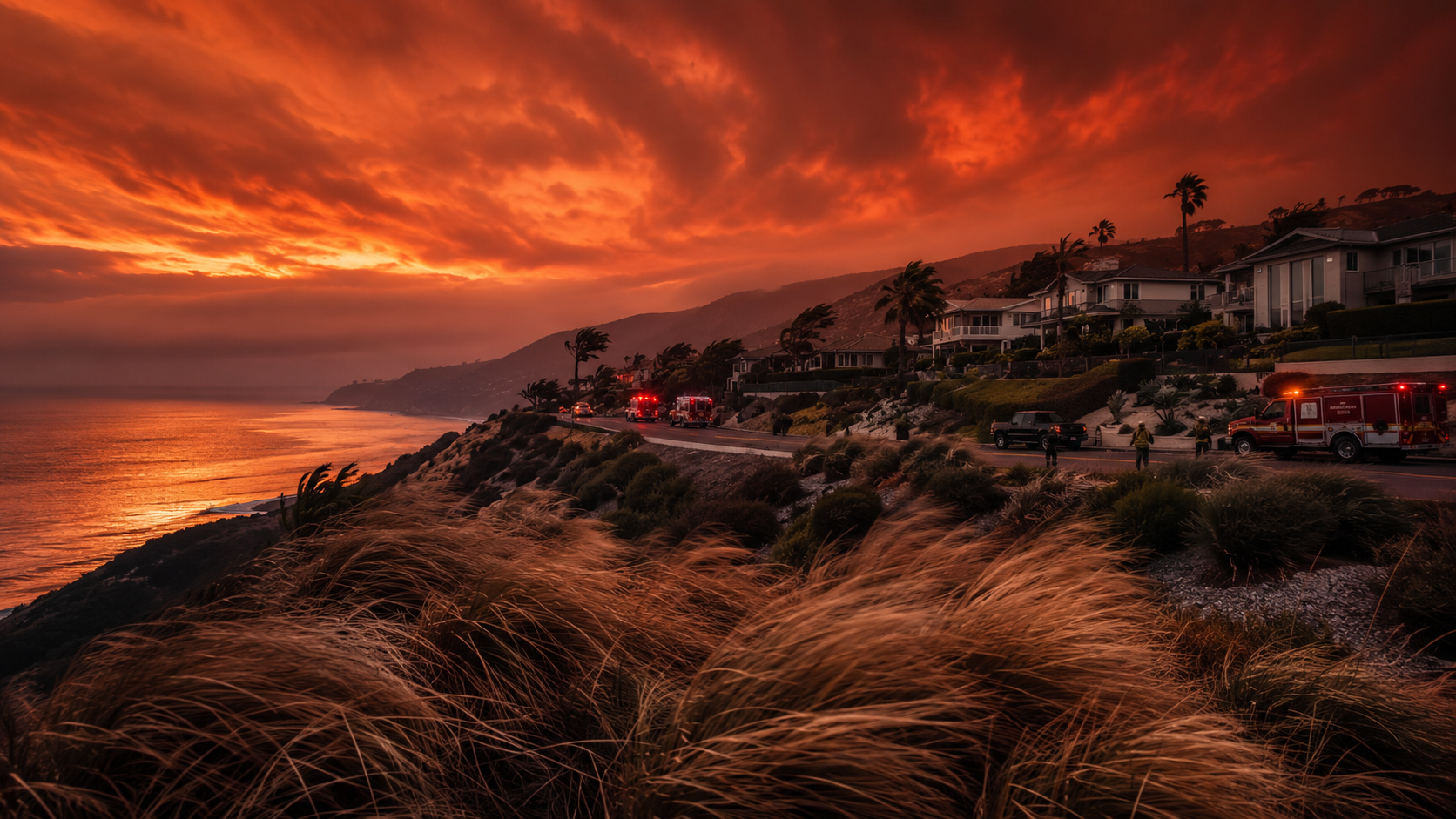 Malibu red flag fire season sky in manga style