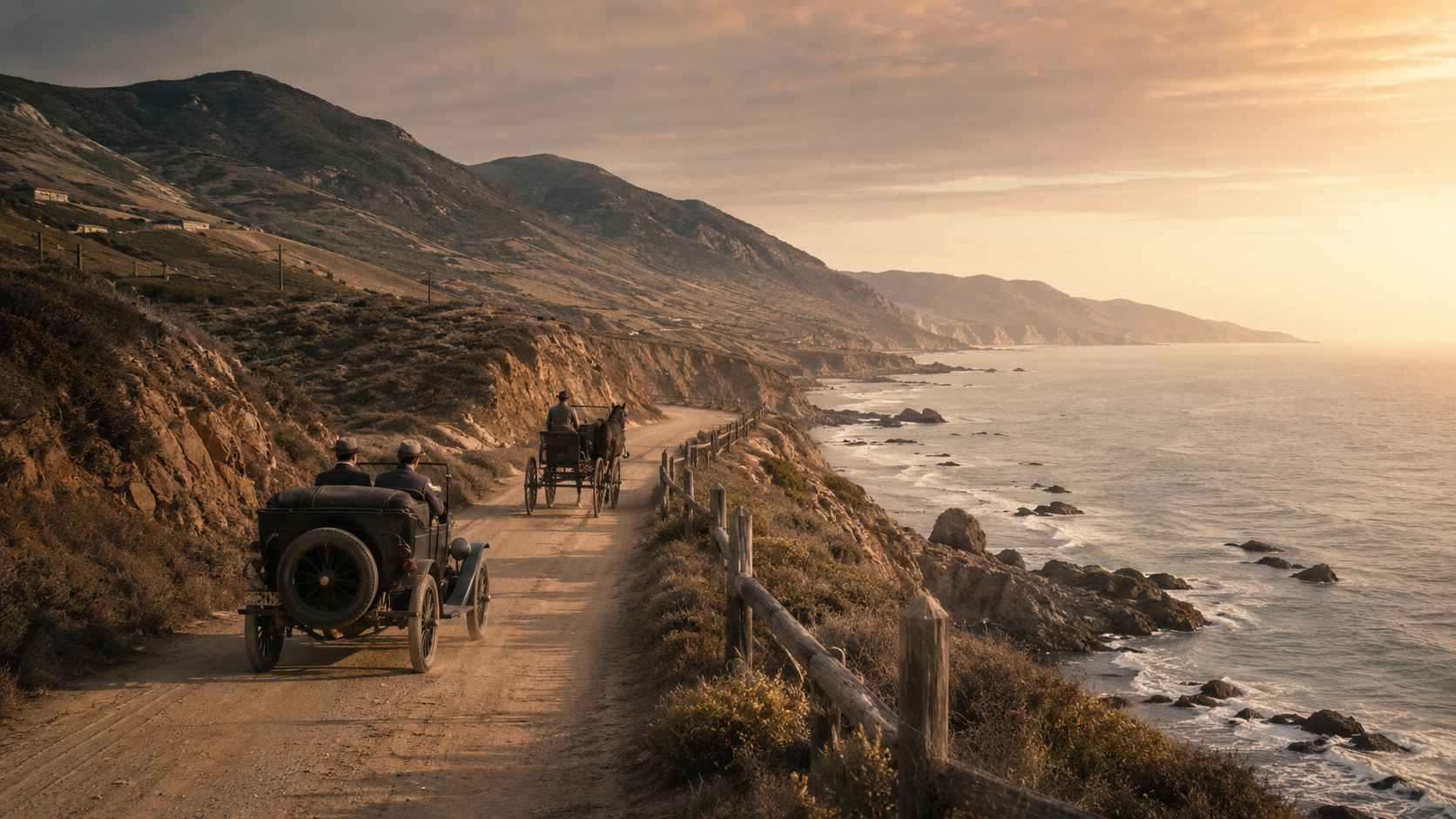 Manga-style old Malibu coast road at sunset