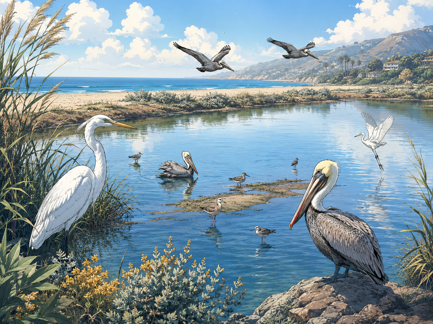 Manga-style birds at Malibu Lagoon