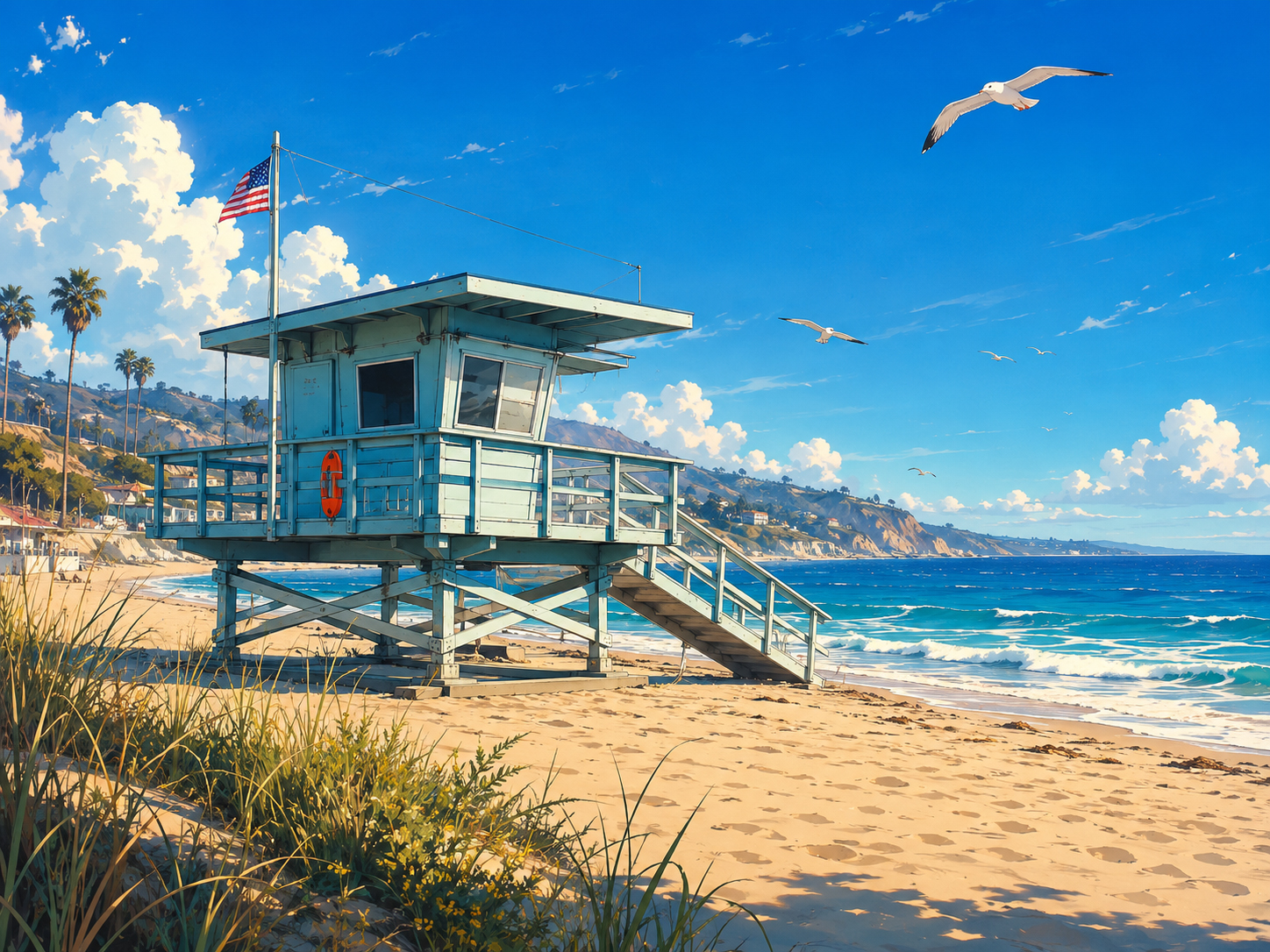Malibu lifeguard tower in bright manga beach style
