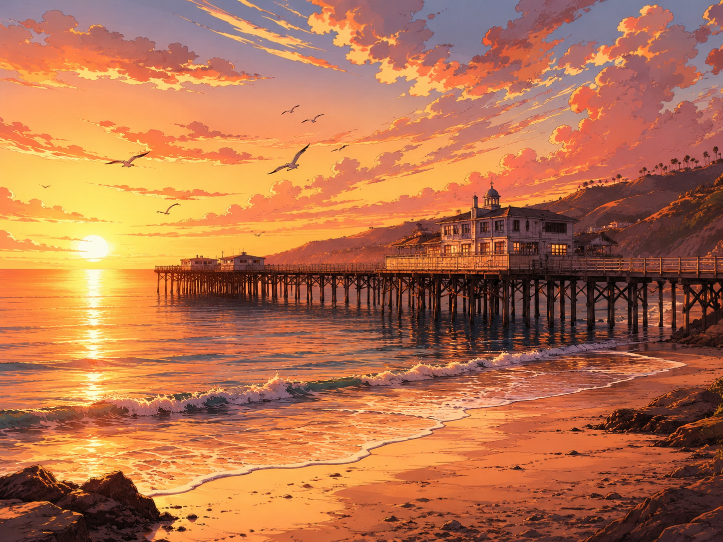 Manga-style Malibu Pier sunset restaurant and beach scene