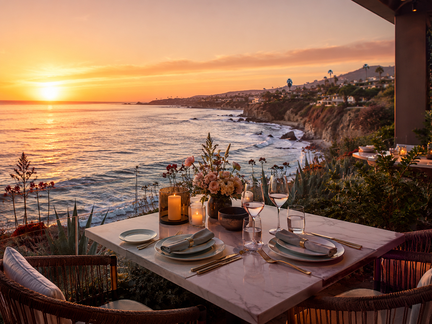 Ocean view restaurant table in Malibu