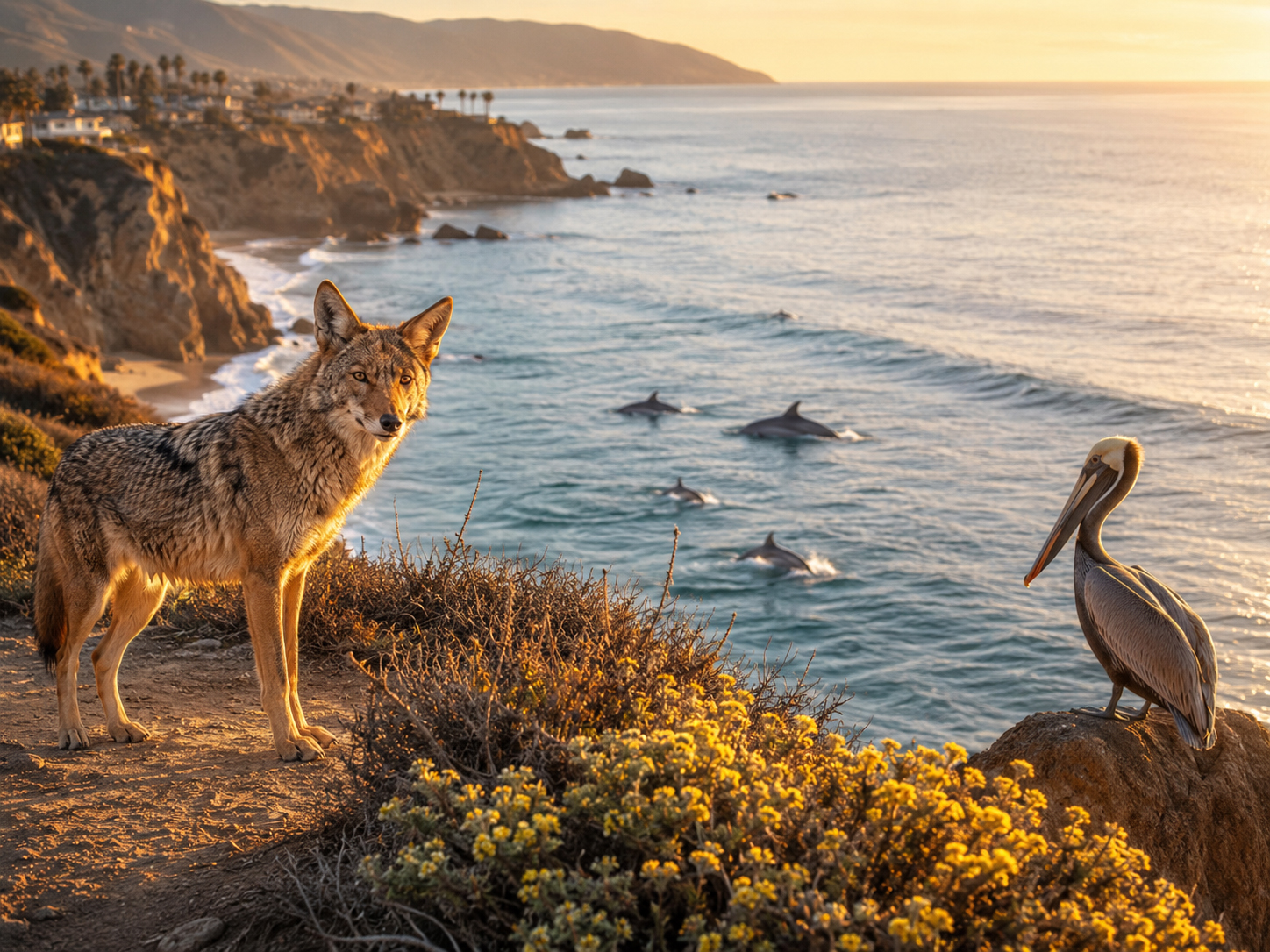 Malibu wildlife with coyote, pelican, and dolphin