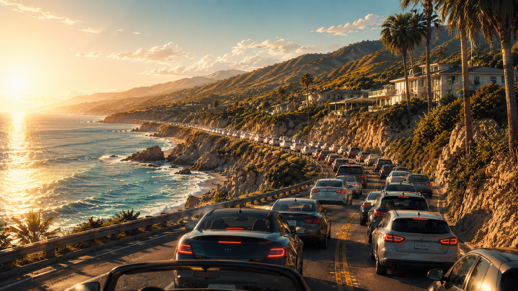 Pacific Coast Highway weekend traffic gridlock in Malibu manga style