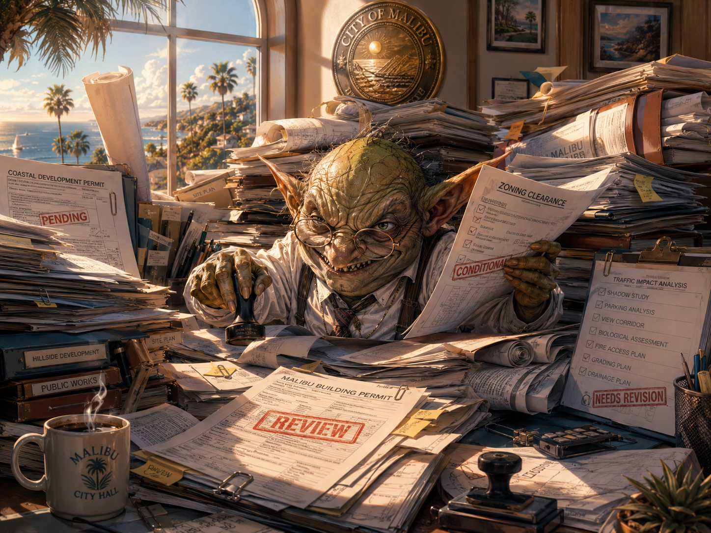 Permit Goblin surrounded by city hall papers and approval stamps