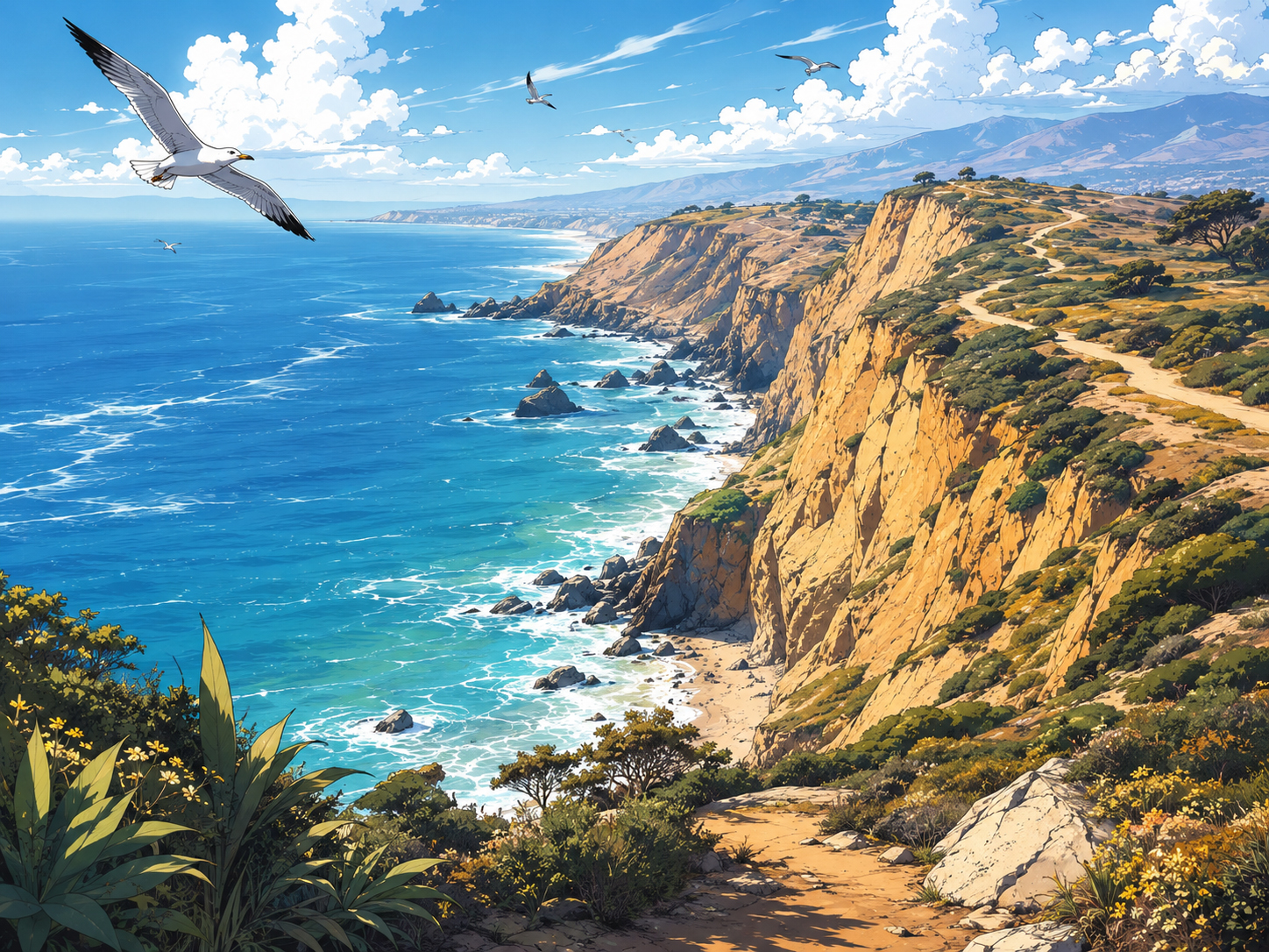 Manga-style Point Dume cliffs and ocean view
