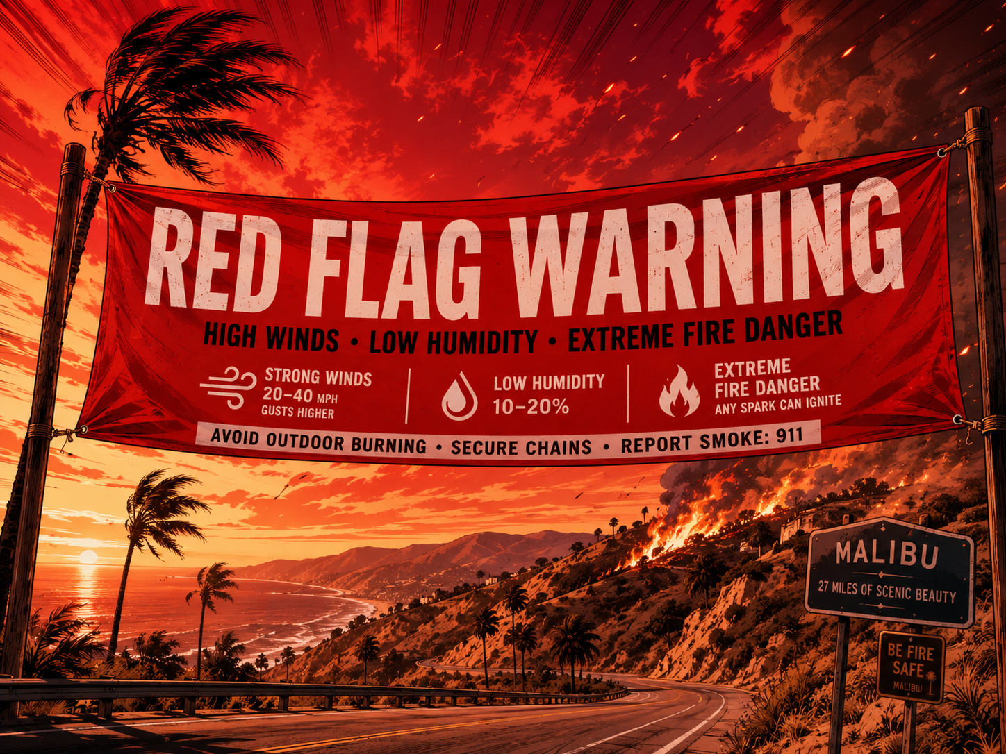 Red flag warning over Malibu coast in manga style