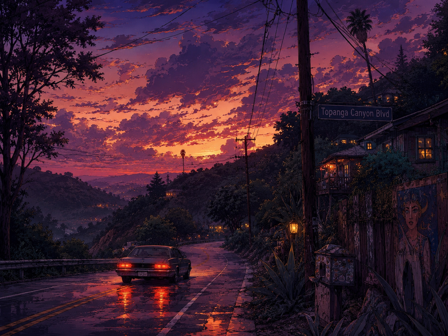 Topanga canyon mood in manga style at sunset
