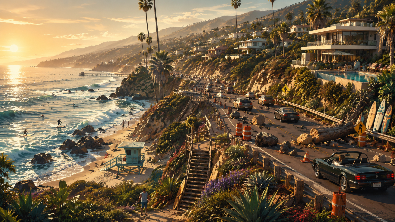 Manga-style Malibu oceanfront obstacle course with coast, canyon, cars, stairs, and dramatic sunset