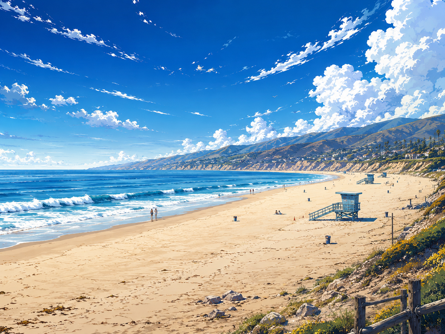 Wide manga-style view of Zuma Beach